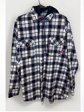 BOCOMAL FR Flame Resistant Plaid Flannel Sweater W/Hoodie ButtonUp Men’s Size XL